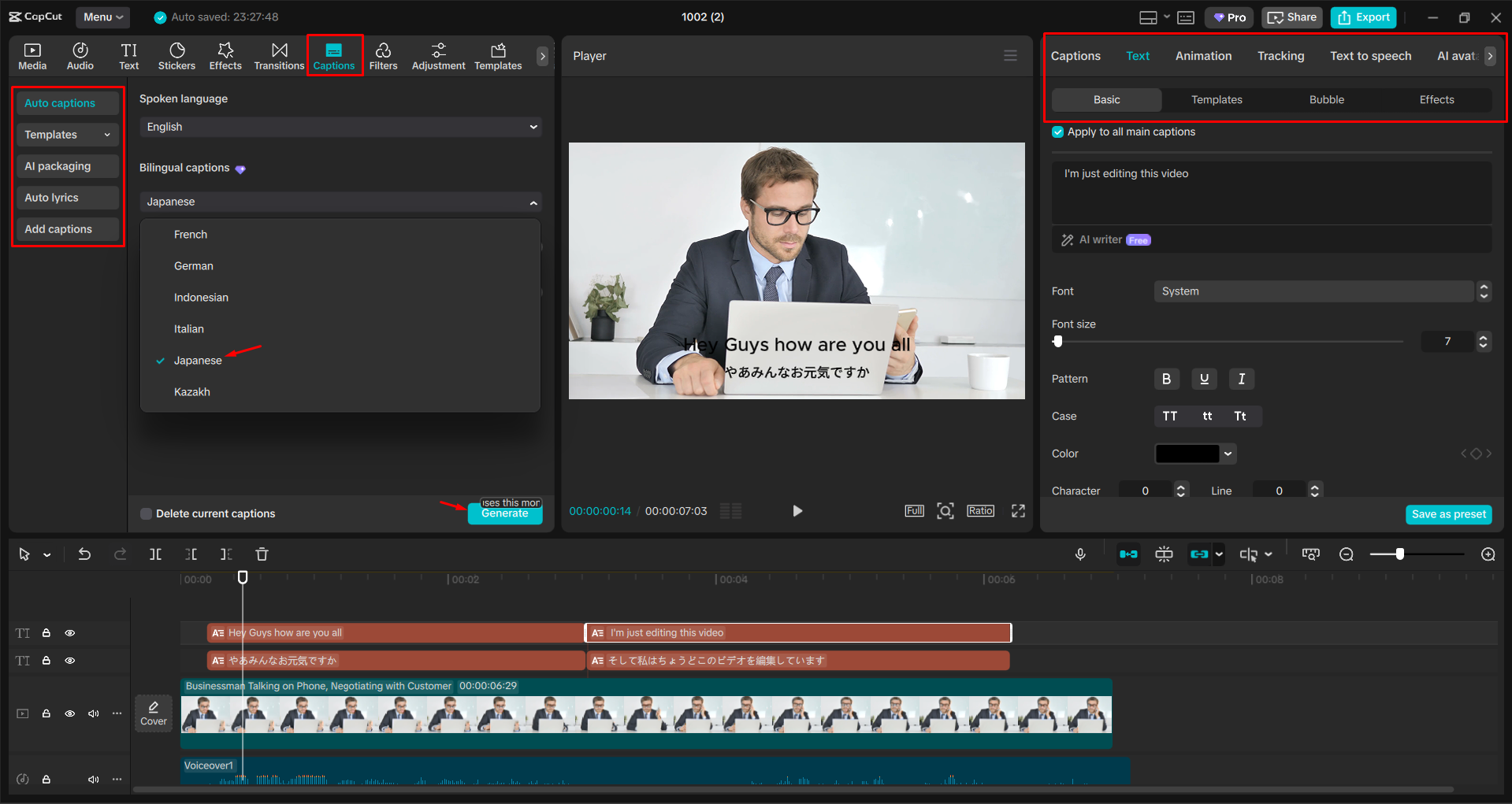 Translating captions in a video with the CapCut desktop video editor