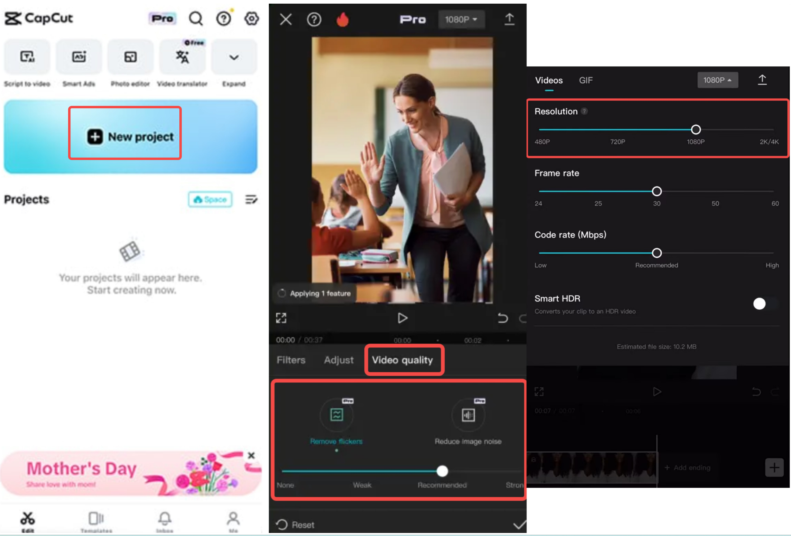 Upscaling the video to 4K in the CapCut mobile app