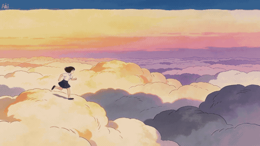 Animated girl running across fluffy clouds under a pastel sunset sky