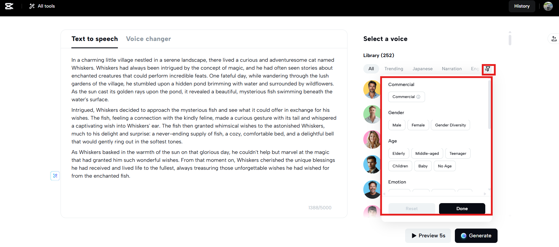 Apply filters and choose hot voice from library