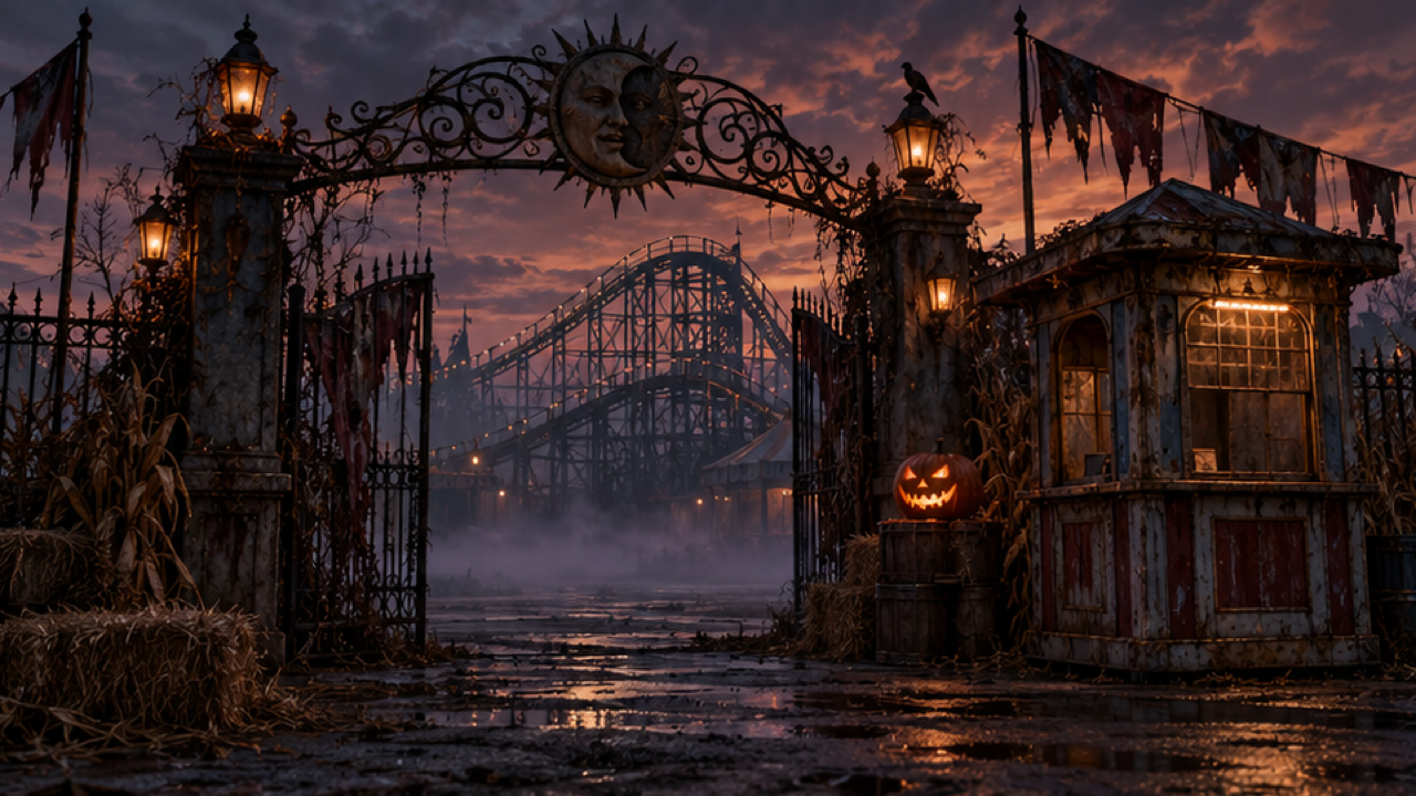 An empty carnival entrance with a pumpkin lantern beside an old ticket booth, misty roller coaster tracks behind, gothic cinematic dusk