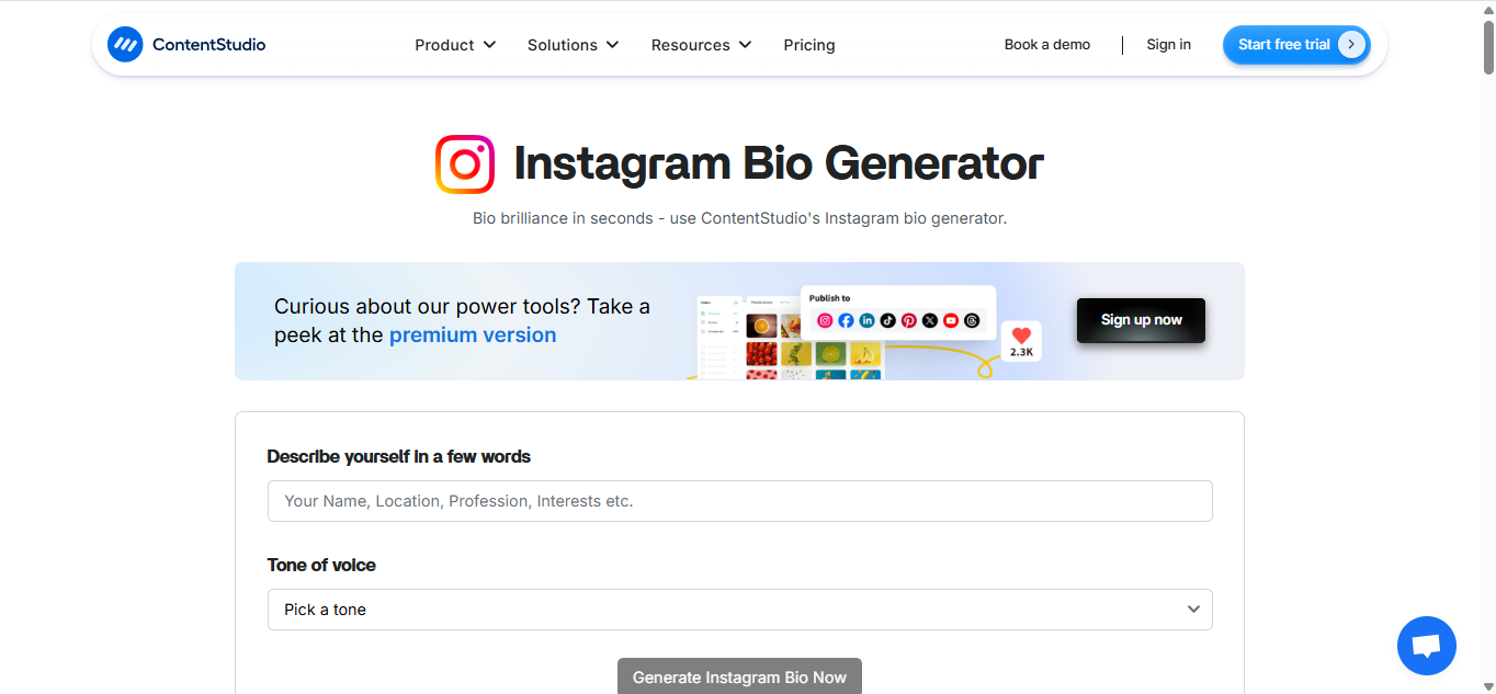 ContentStudio - широко известный био-генератор Instagram со стильными шрифтами