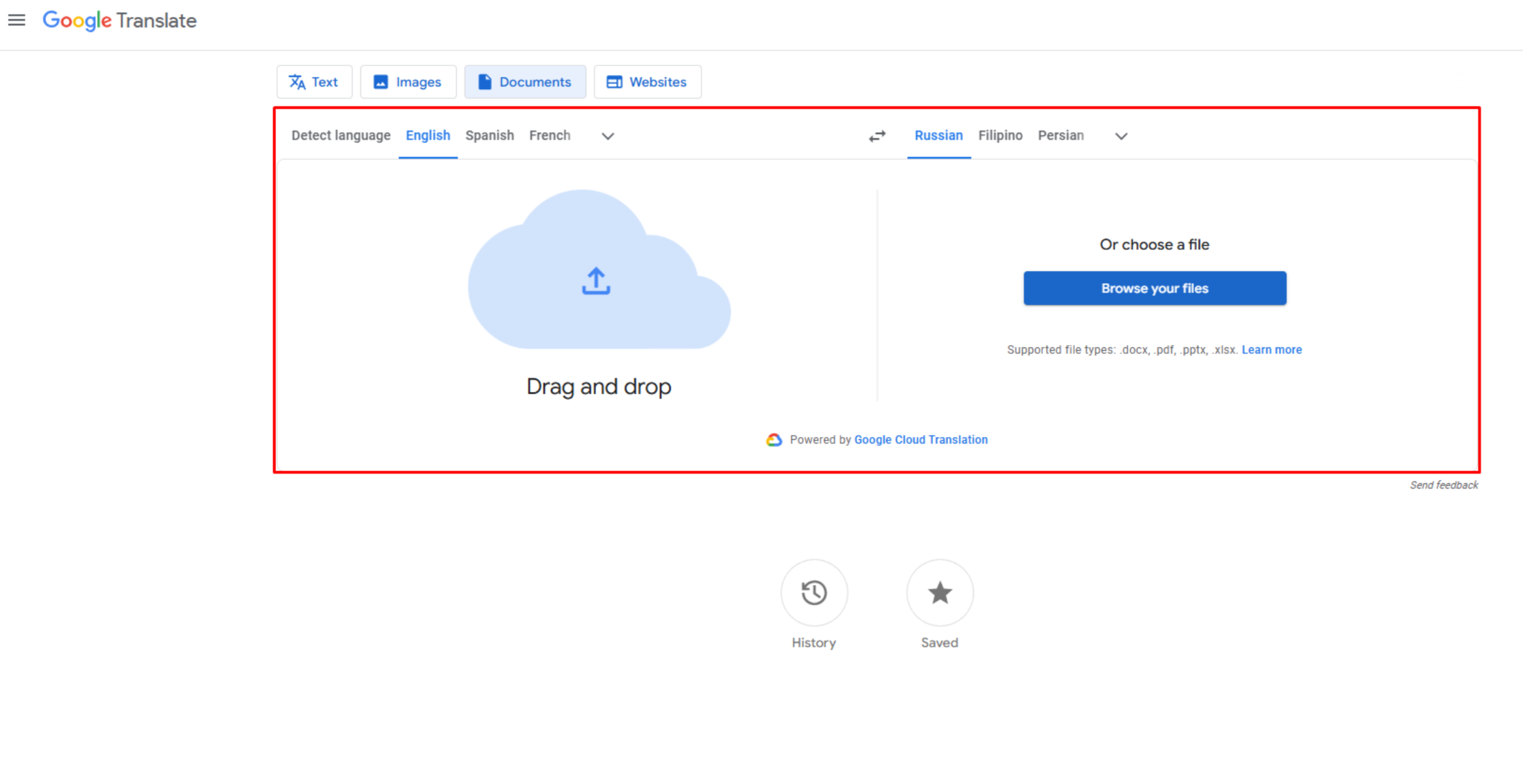 Uploading a document to translate Polish to English on Google
