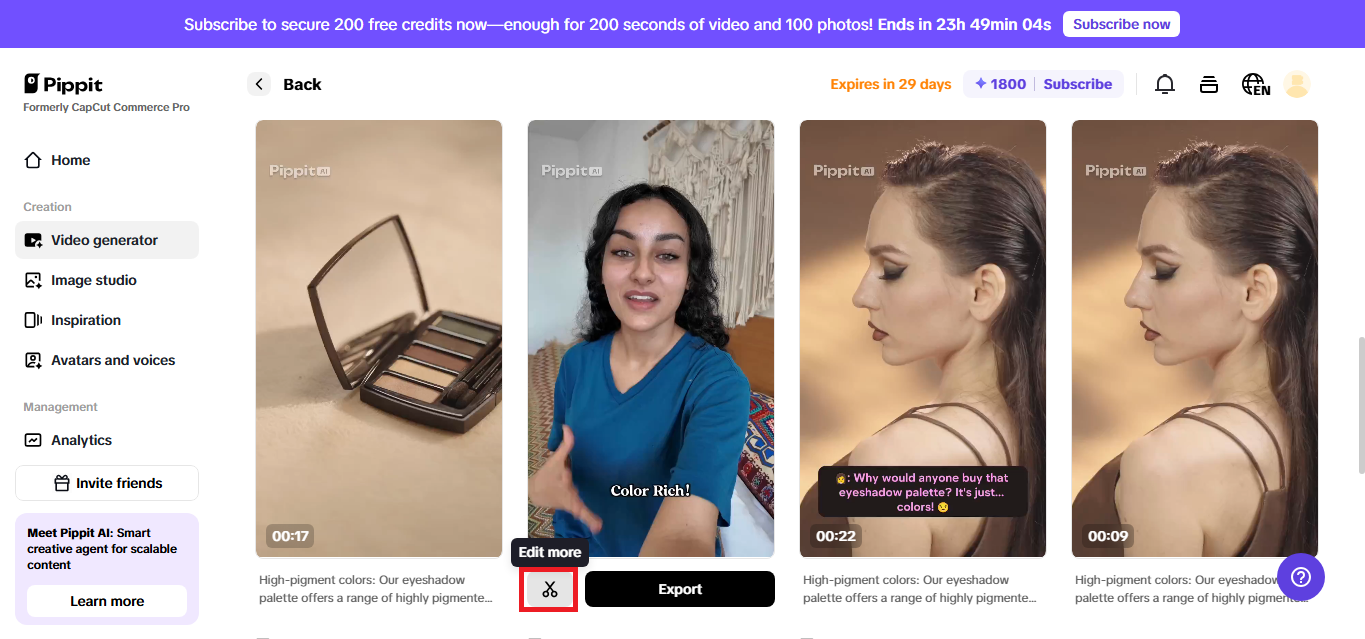 AI-generated videos with a quick edit option highlighted
