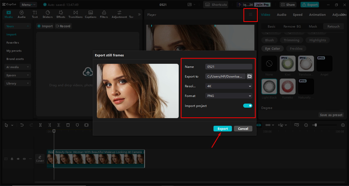 Exporting the final image in the CapCut desktop video editor