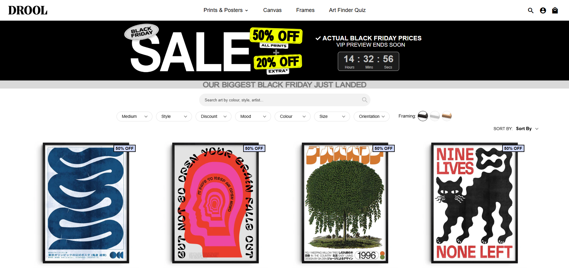 Interface of DROOL - a site with versatile typography poster designs