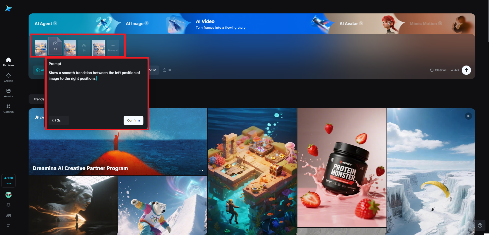 Multiframes video generation feature in Dreamina