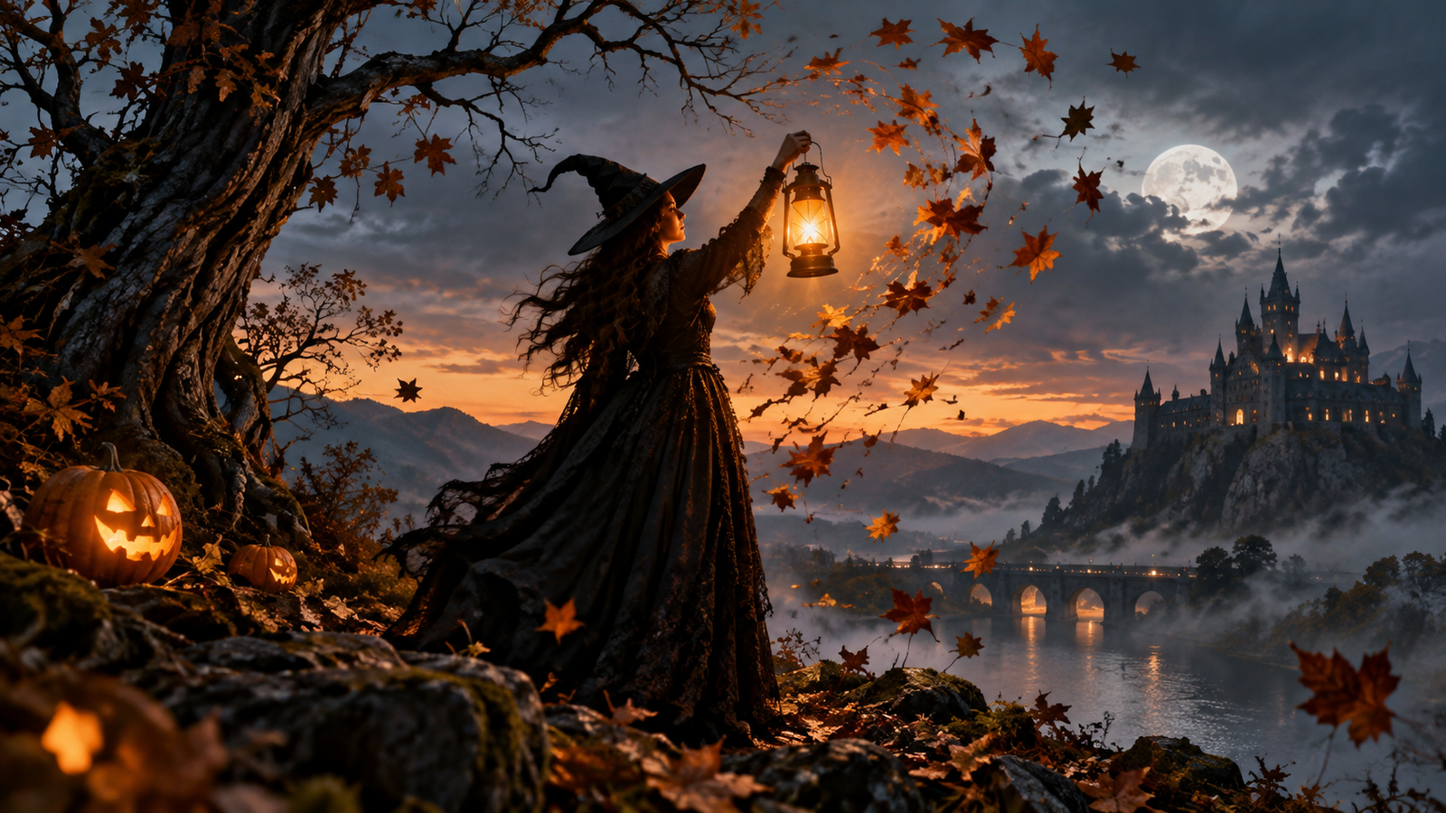 Witch spell keyframe: Cinematic still keyframe of witch raising glowing lantern as swirling leaves spiral upward, distinct camera-move potential
