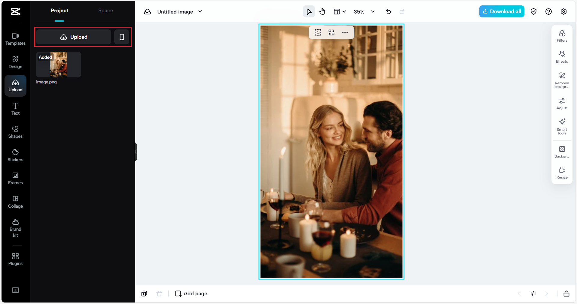 Click on "Upload" to upload image from your  device or choose from template