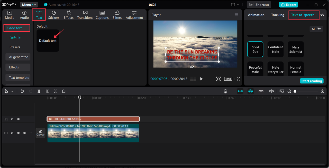 Generazione di voce AI nell'editor video desktop di CapCut