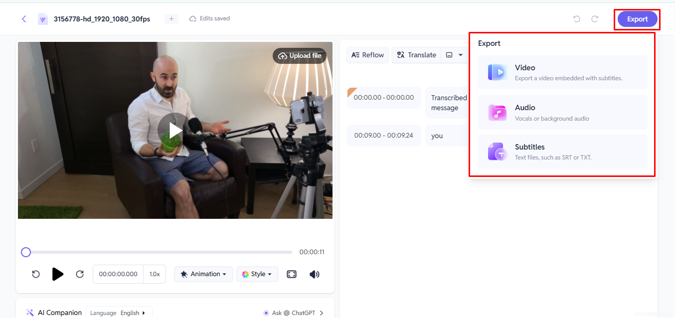 Immagine che mostra come esportare il contenuto finale da SubEasy AI