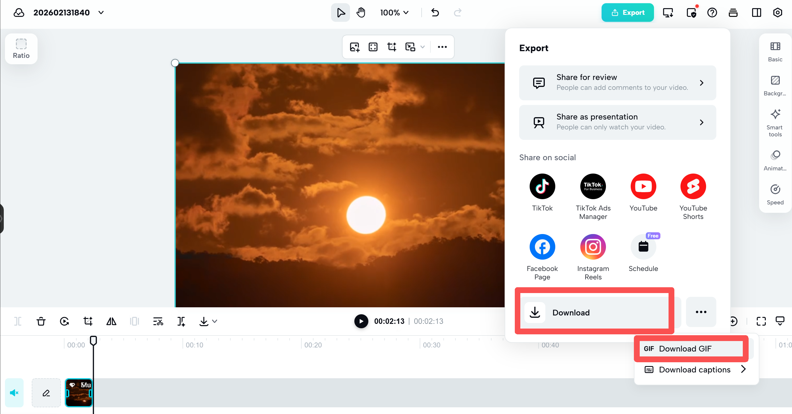 Exporting project as GIF file from CapCut online editor