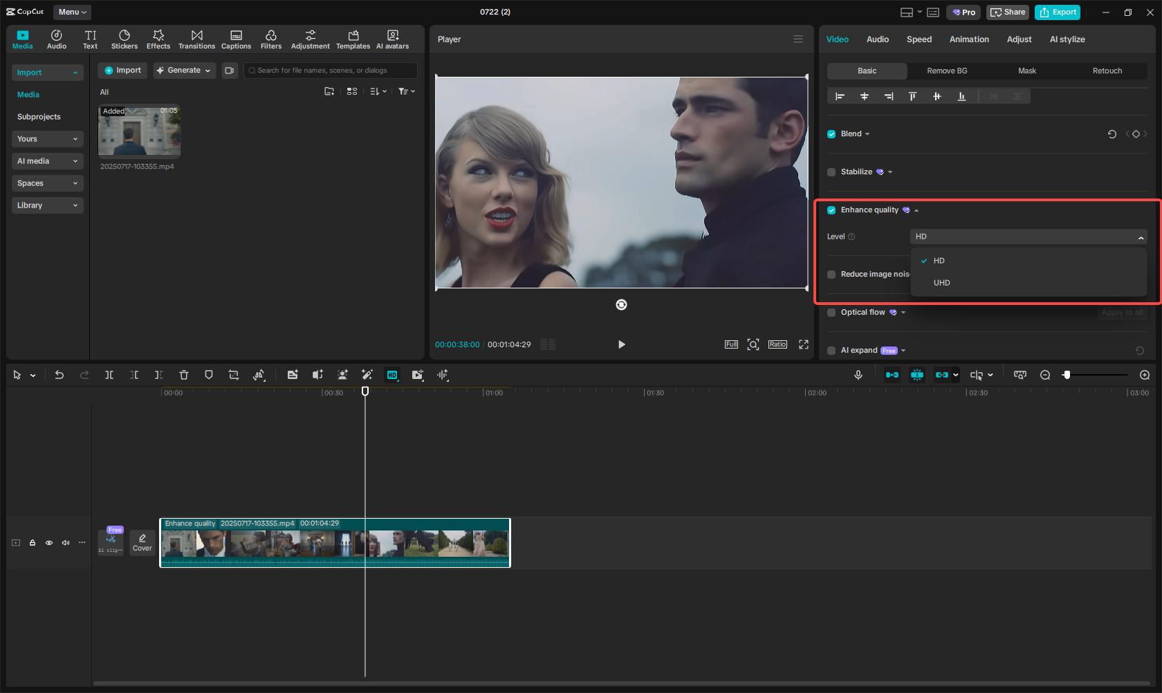 Enhance video using CapCut's Enhance quality feature
