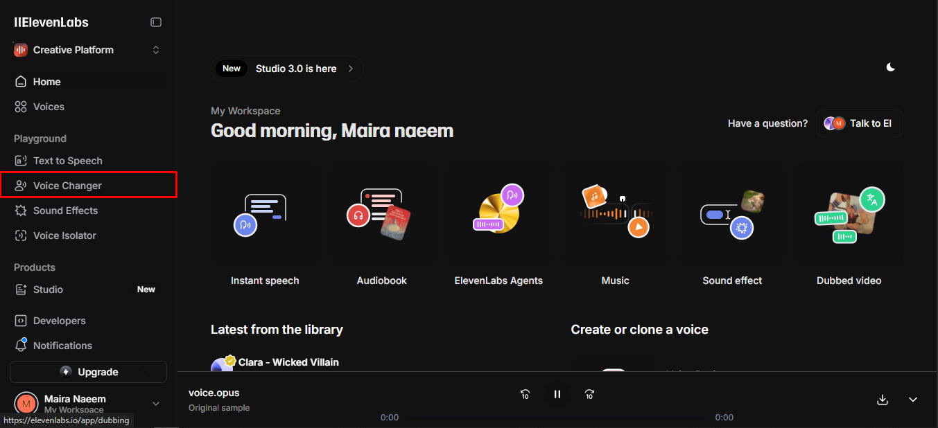 Creating an account on ElevenLabs voice changer