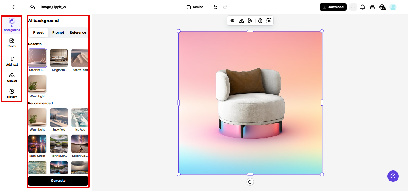 Creating product photo in Pippit