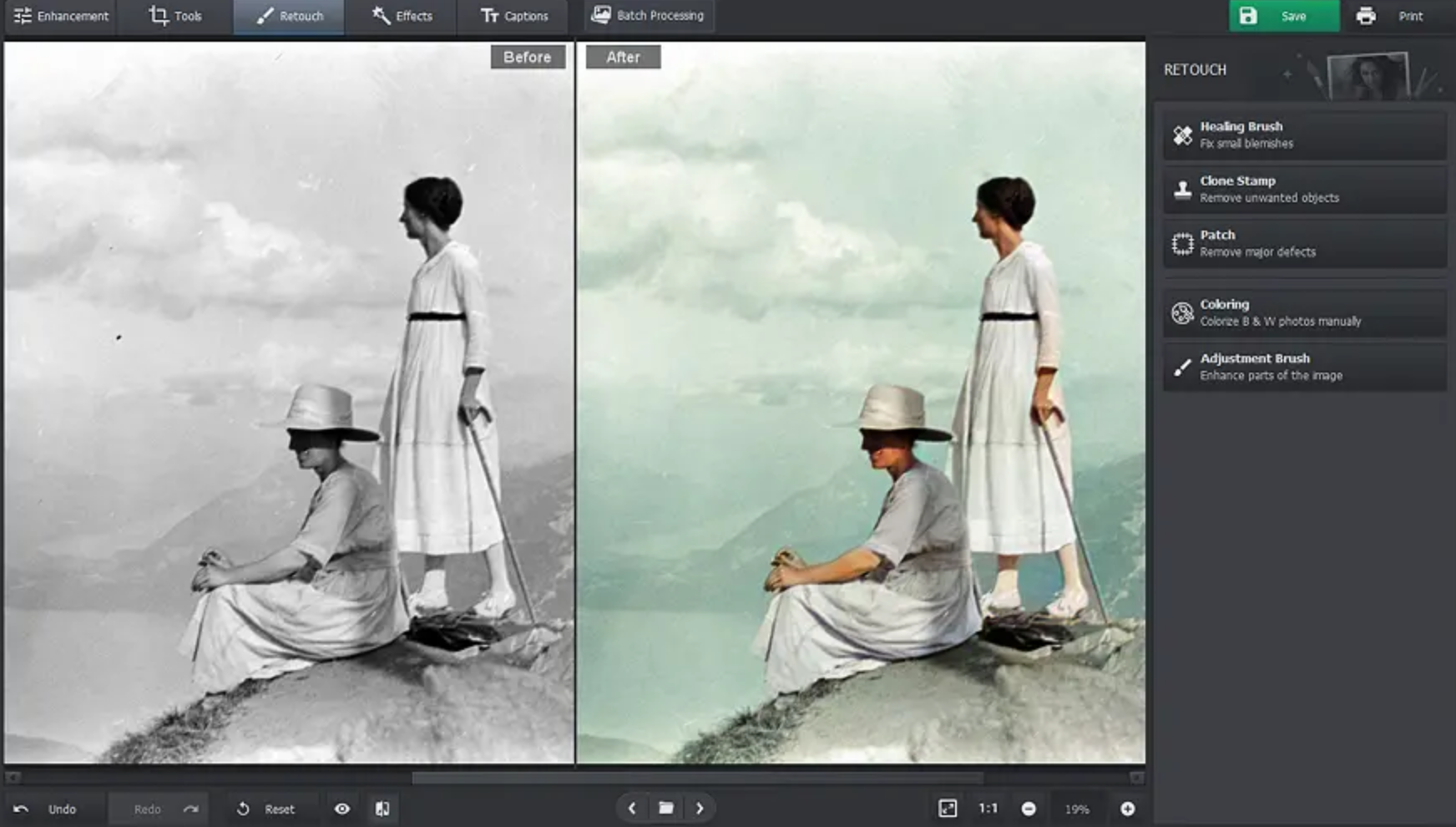 Interface of PhotoGlory - an easy to use photo restoration software