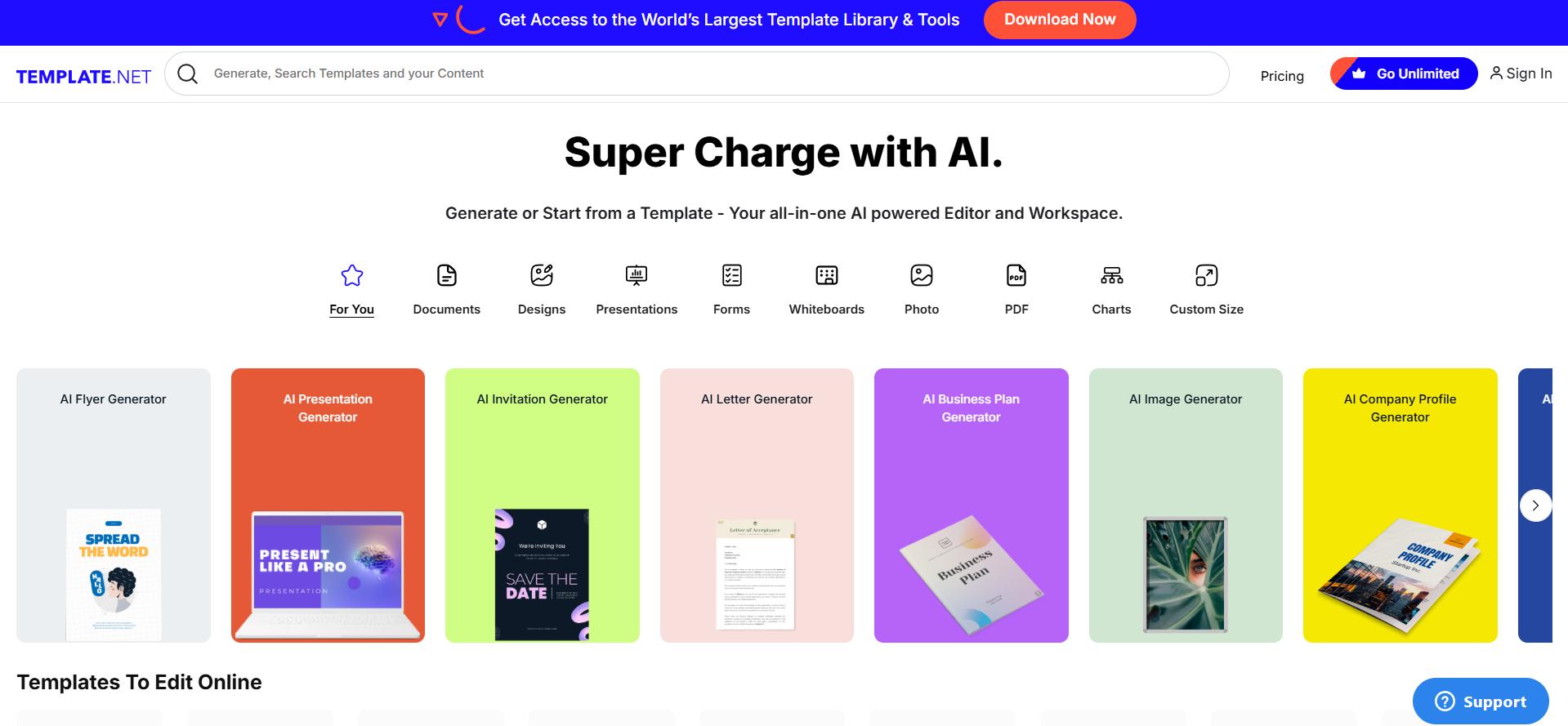 Template.net homepage