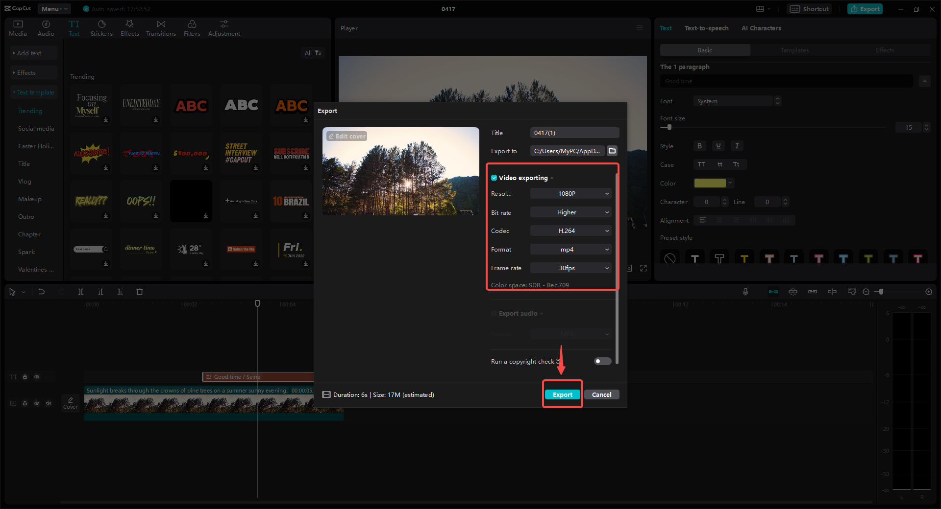 The CapCut export dialog is open over the editor with resolution, codec, format, and frame-rate fields visible.