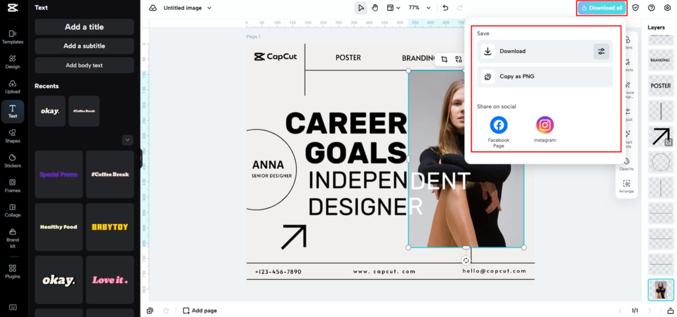 Exporting the business card from CapCut Web