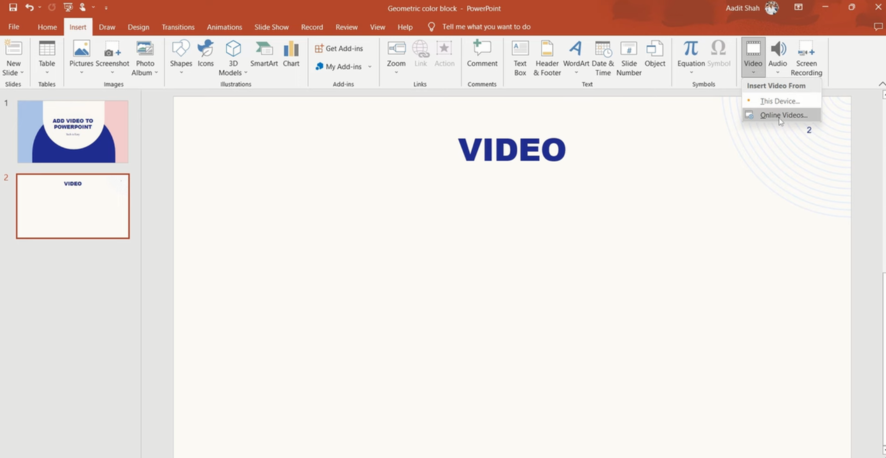Selecting the option to insert a YouTube video into PowerPoint