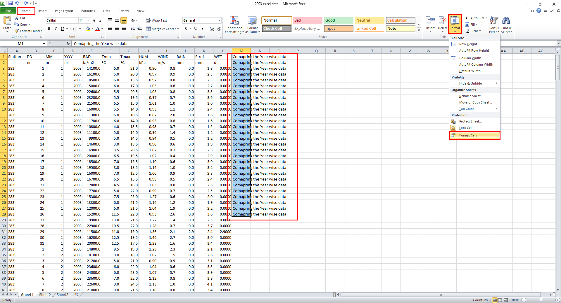 Format cells via the ribbon menu