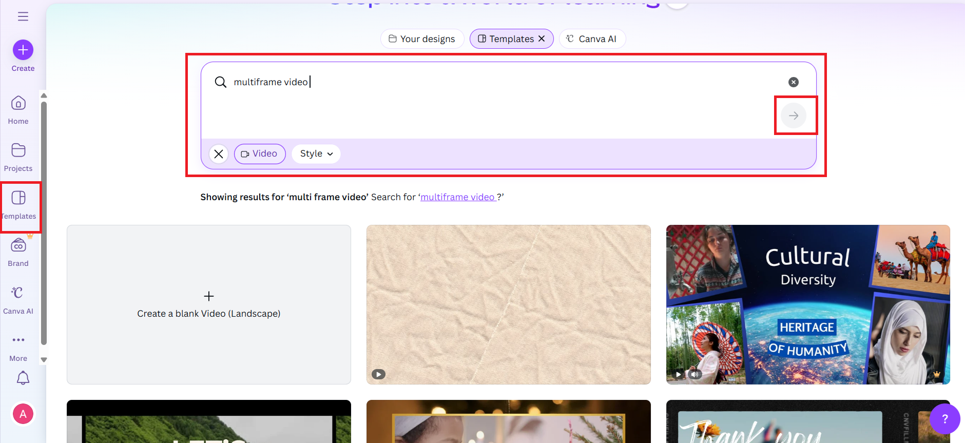Search for multiframe video templates