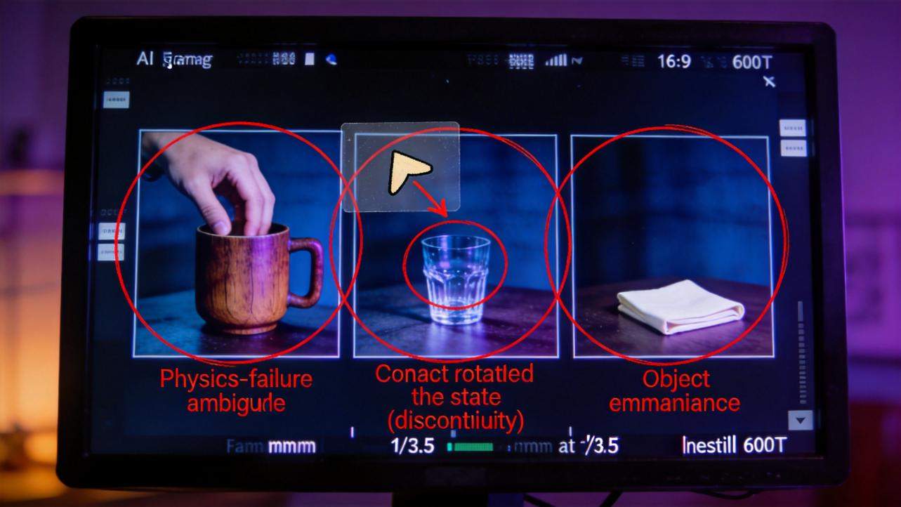 Monitor shows three AI video examples with red circles and labels about physics failure and object permanence.