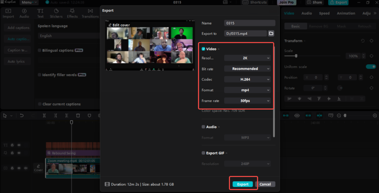 Exporting the Zoom video in CapCut