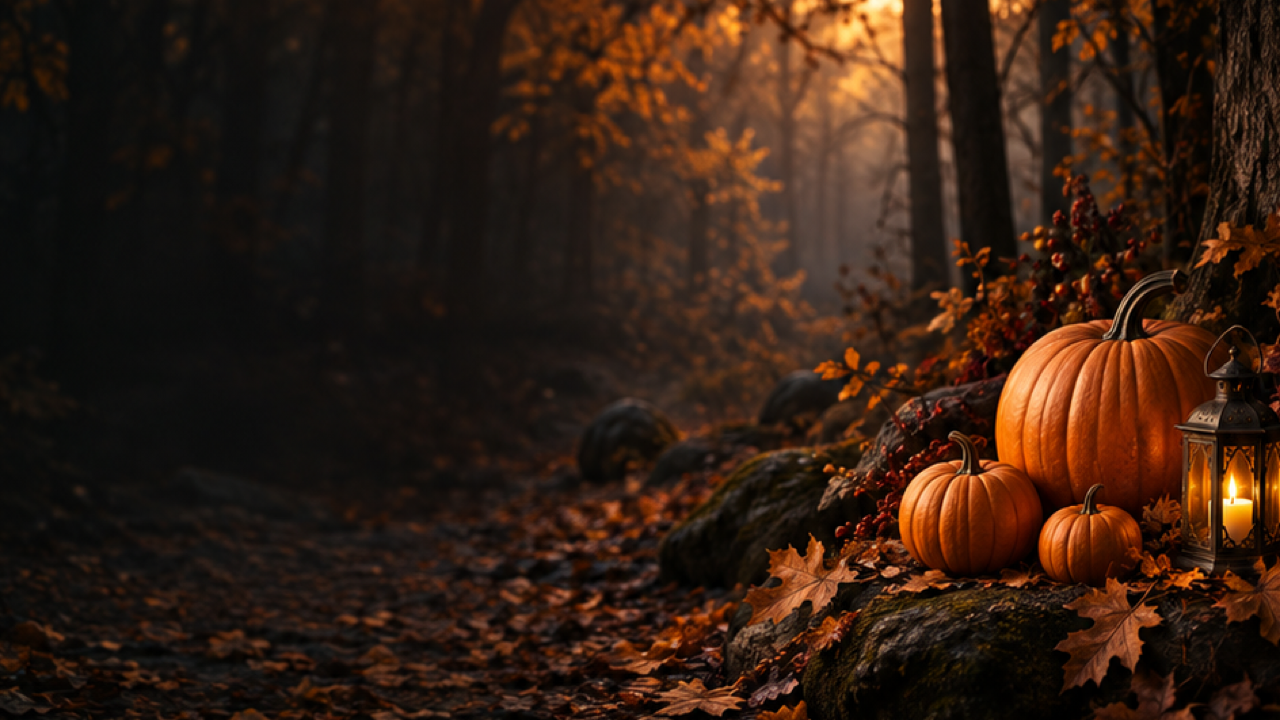 Amber pumpkins and lantern at right beside a dark autumn forest path, open left message area.