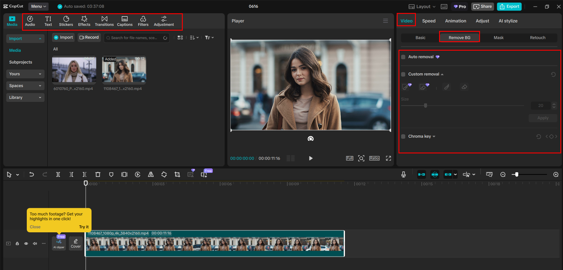 Interface of the CapCut desktop video editor removing the background from video