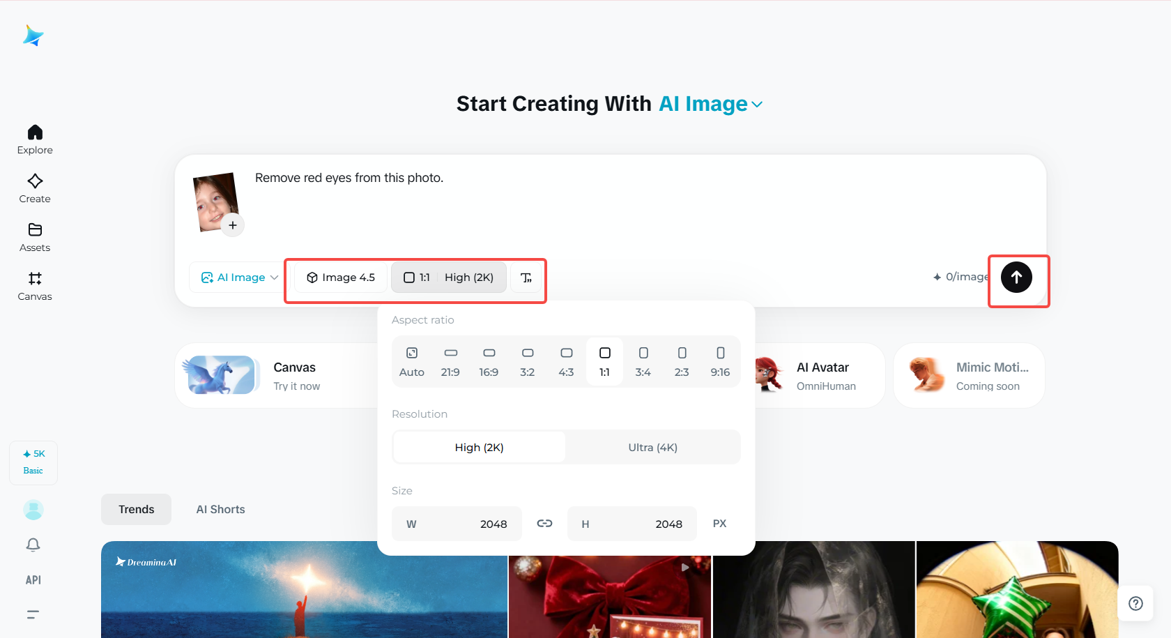 Selezionare il modello e la dimensione dell'immagine