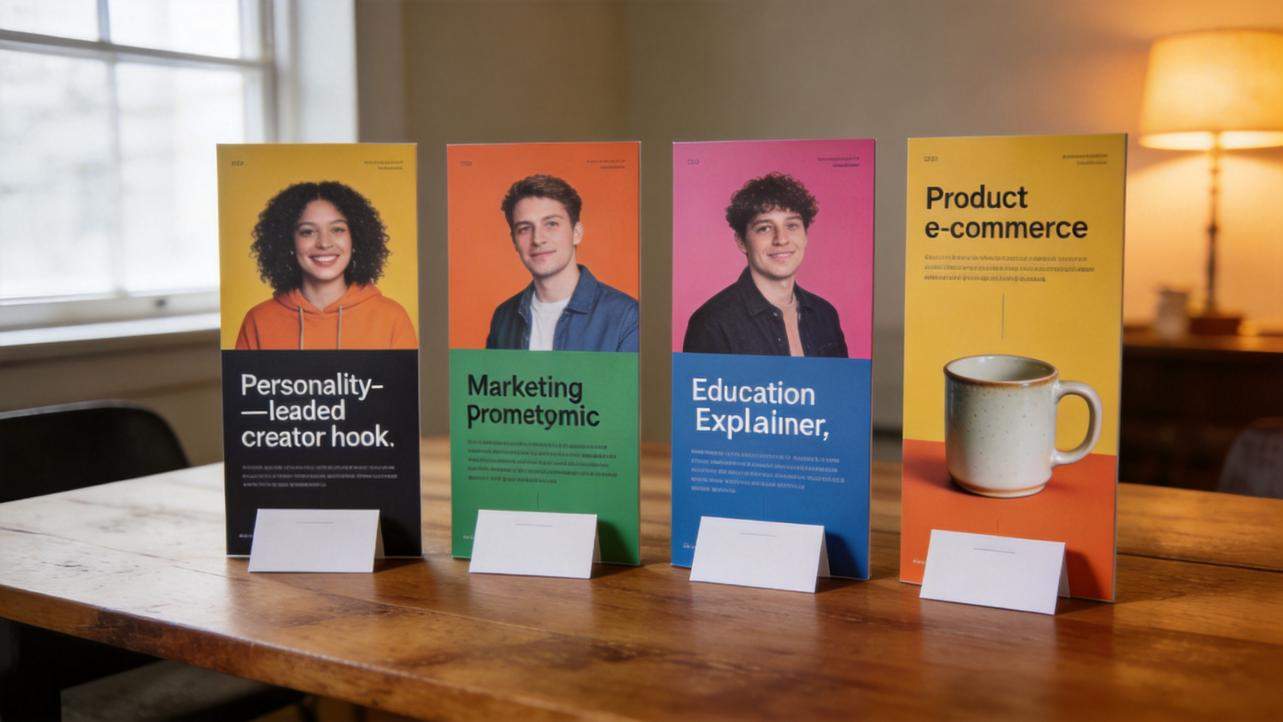 Four colorful marketing posters on a wooden table, each with a portrait or mug and bold text