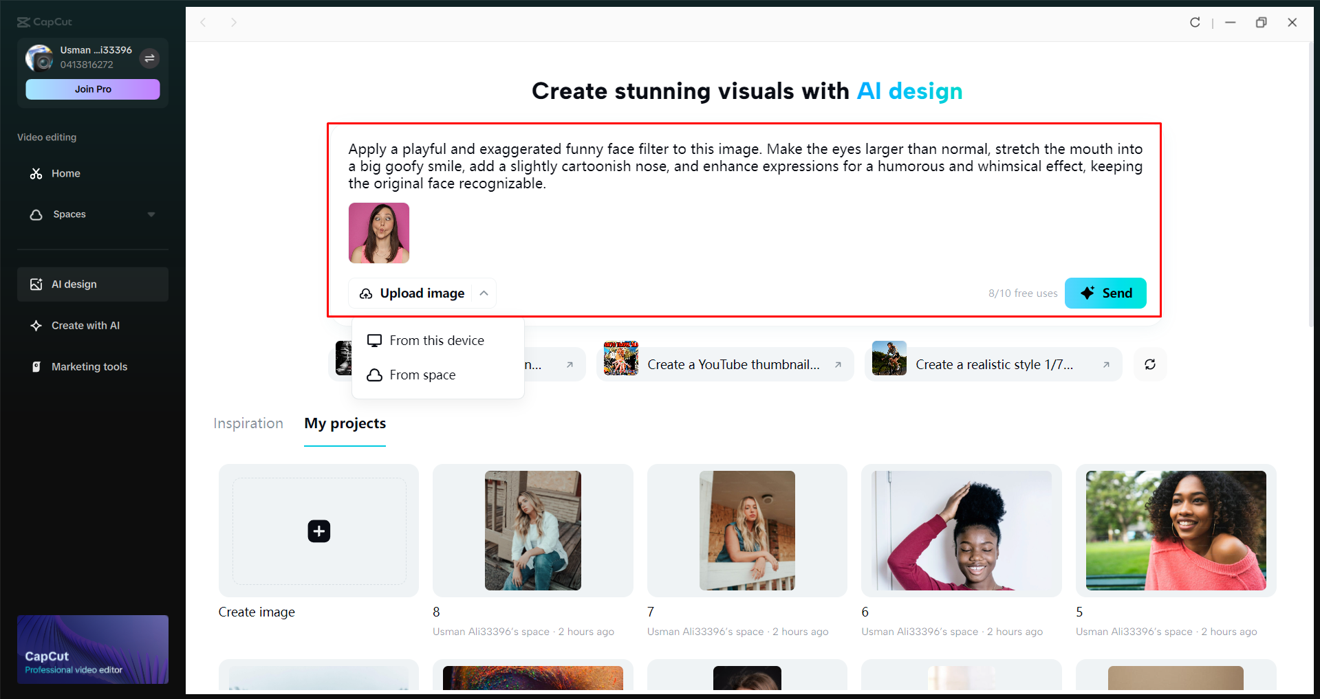 Uploading an image to the CapCut desktop video editor