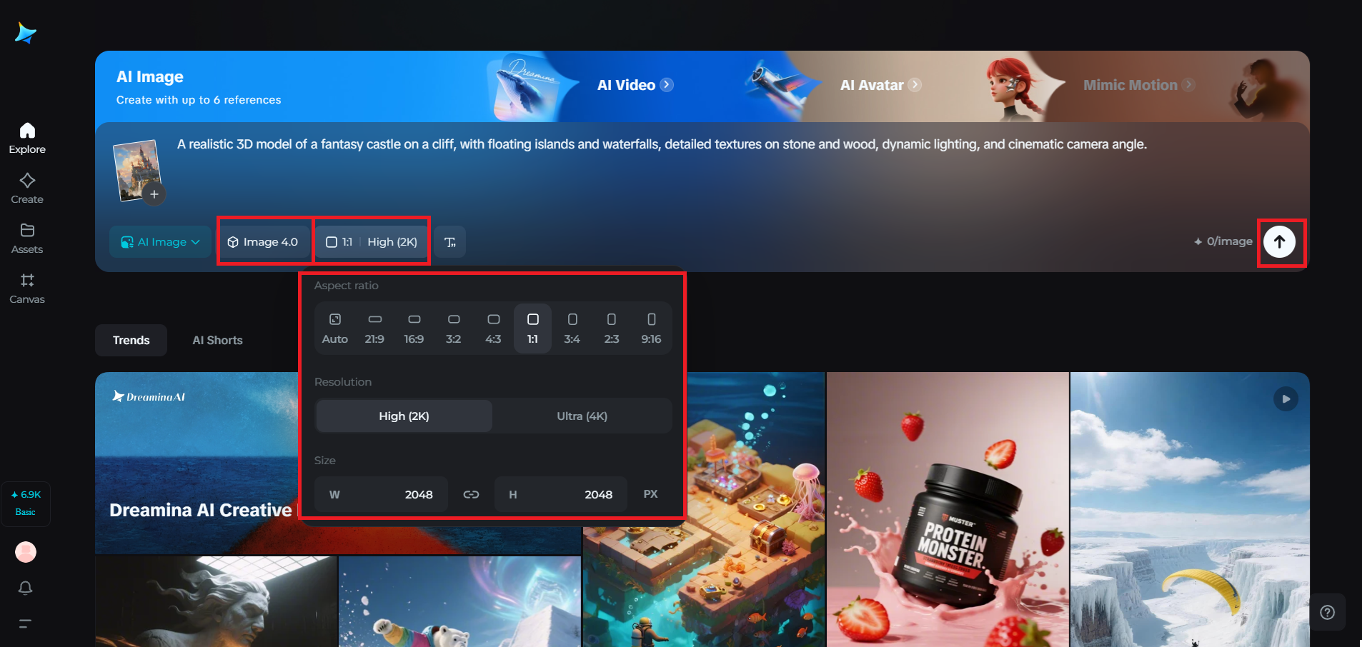 Select model, ratio, and resolution settings