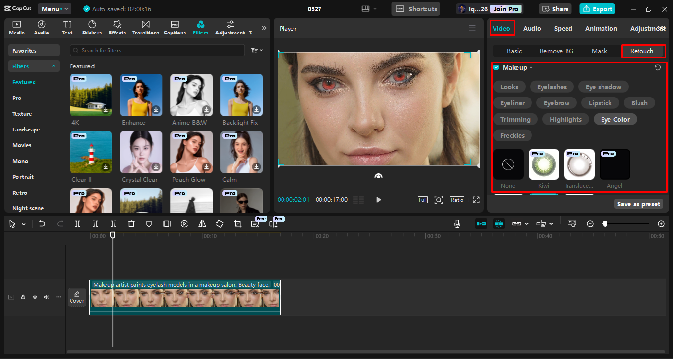 Changing the eye color in the CapCut desktop video editor