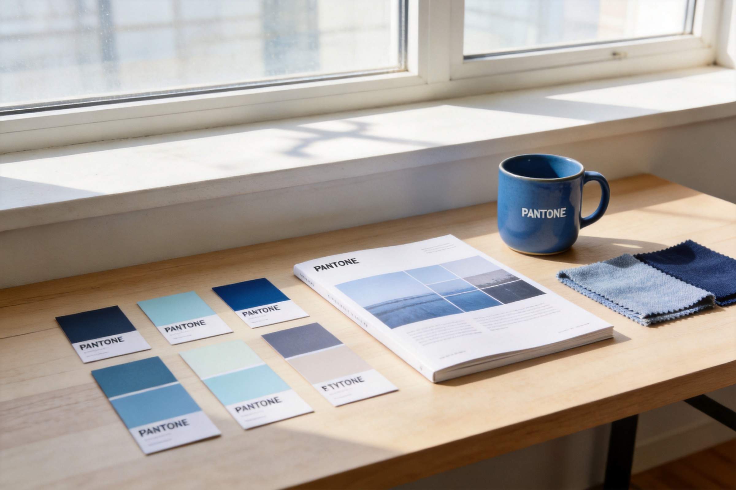 Pantone color swatches, a brand guide, and a blue Pantone mug on a sunlit desk