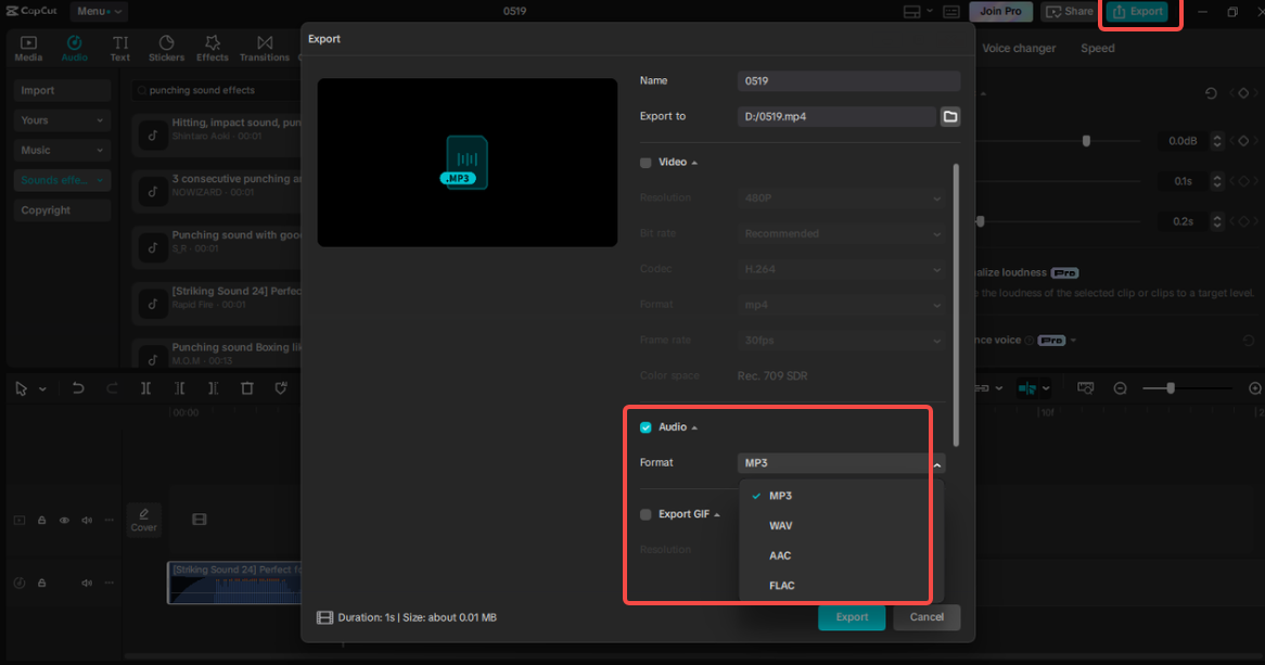Exporting the punching sound effect in CapCut