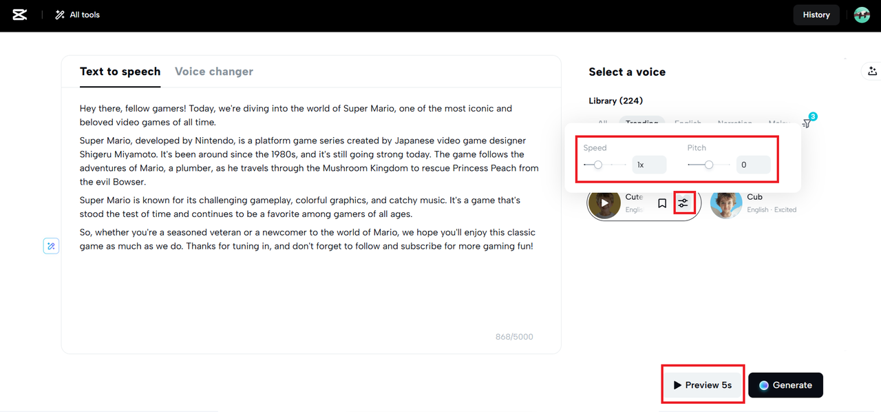 Adjust the speed and pitch and click on preview