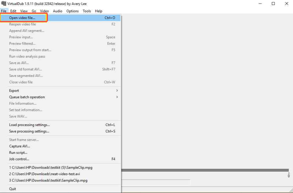 Open the video file in the interface of VirtualDub