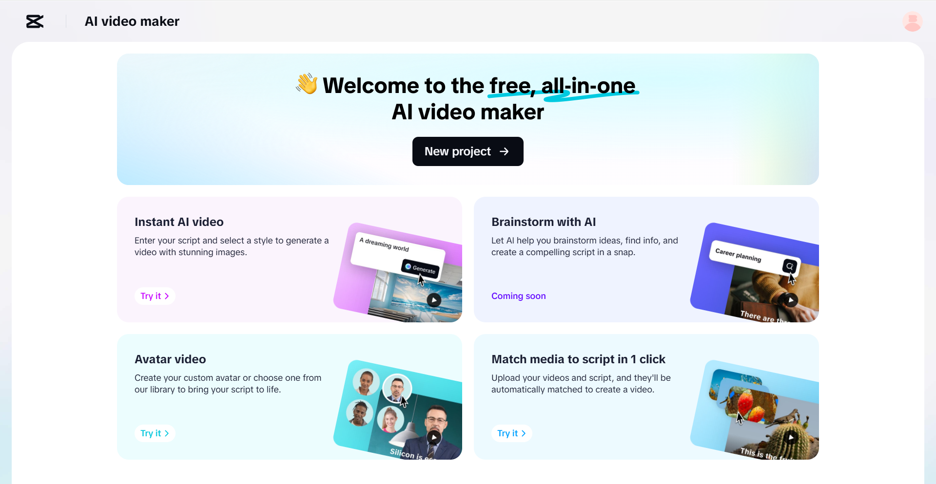 The interface of CapCut's AI video maker