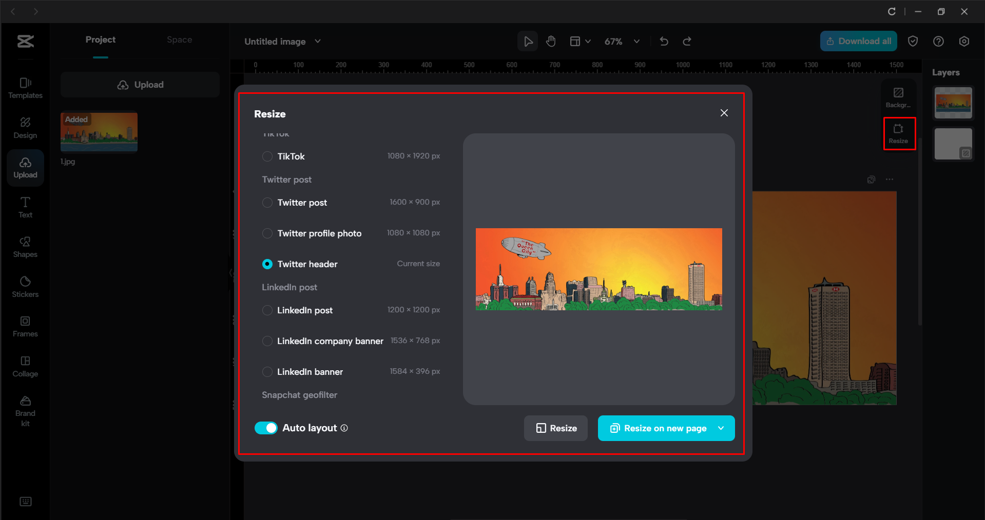 Resizing the image for the Twitter header in the CapCut desktop video editor