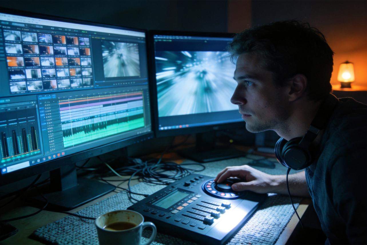 Video editor at dual monitors with timeline, audio waveforms, and playback controls in a dim room