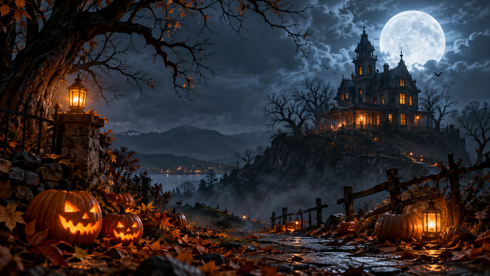 Haunted house poster: Cinematic Halloween party poster artwork of moonlit haunted house and pumpkins, dramatic blank top headline space, no text