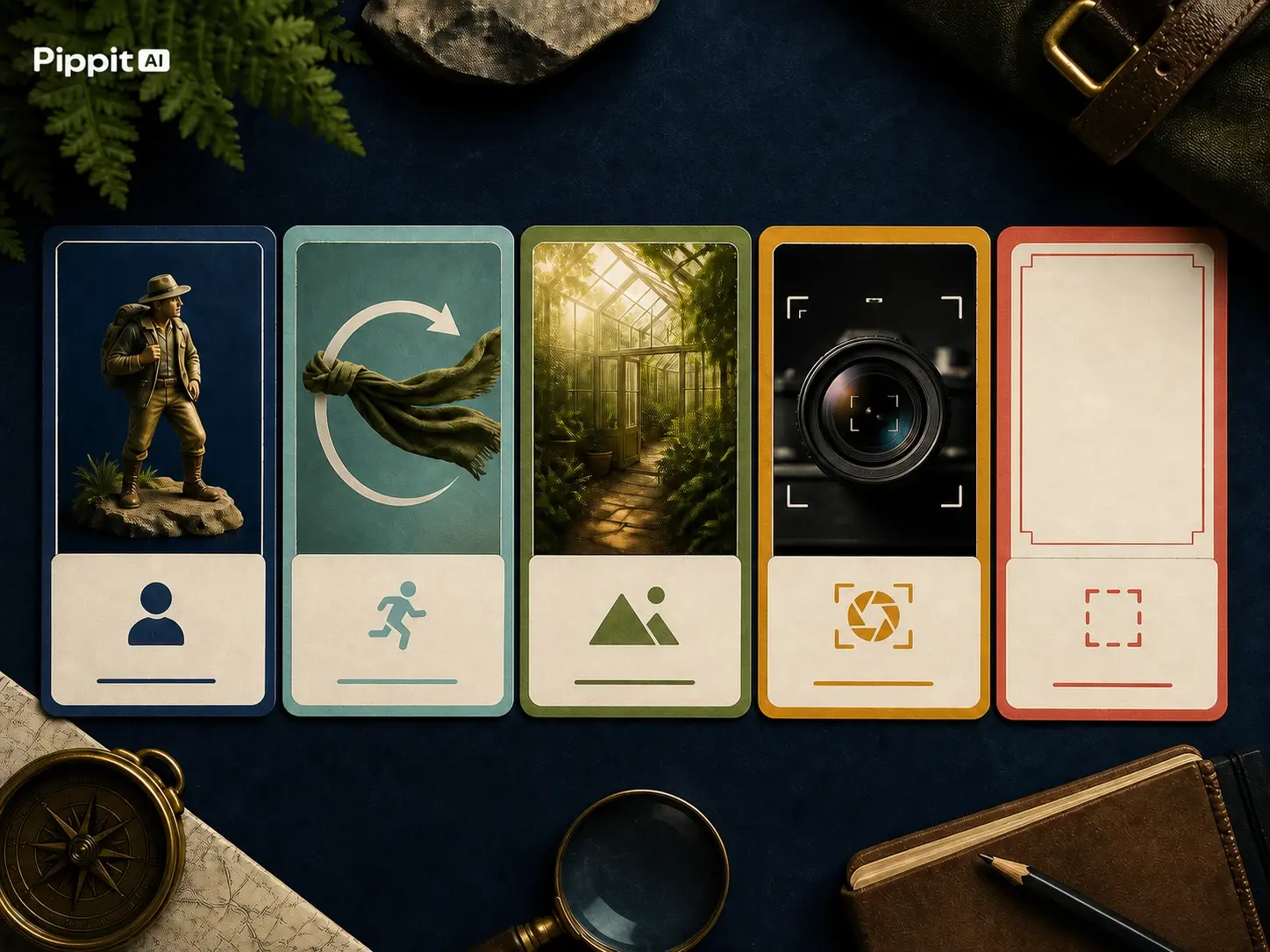 Five vertical cards showing a hiker, looping cloth, greenhouse, camera lens, and blank frame