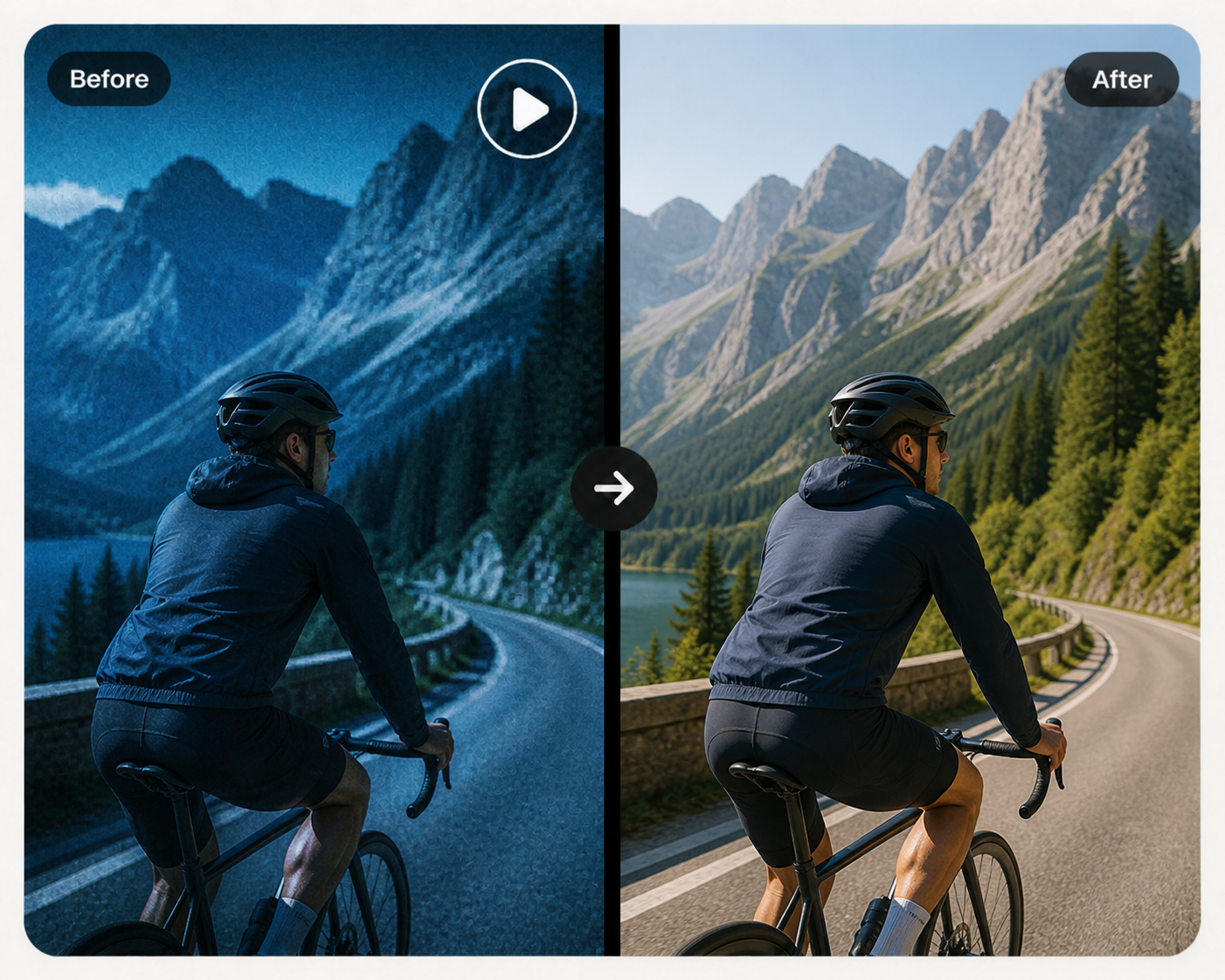 Before and after comparison of a cool blue video filter