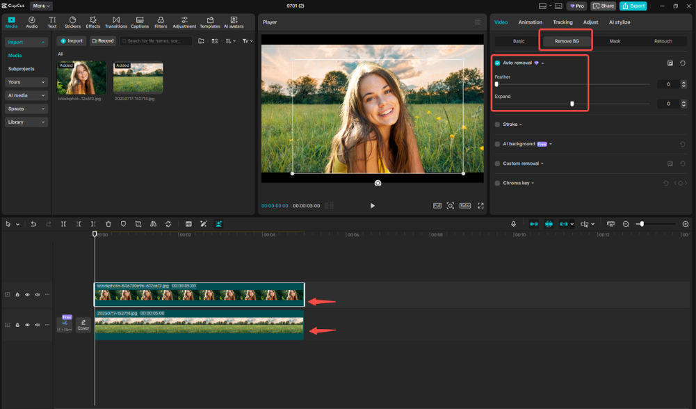 Adding the new image background layer in CapCut