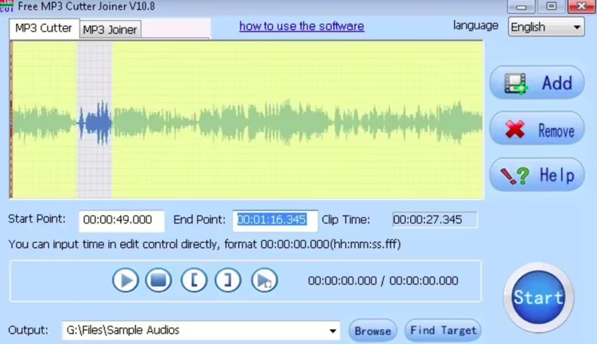 Free MP3 Cutter Joiner interface showing an audio waveform and controls for selecting a cut.