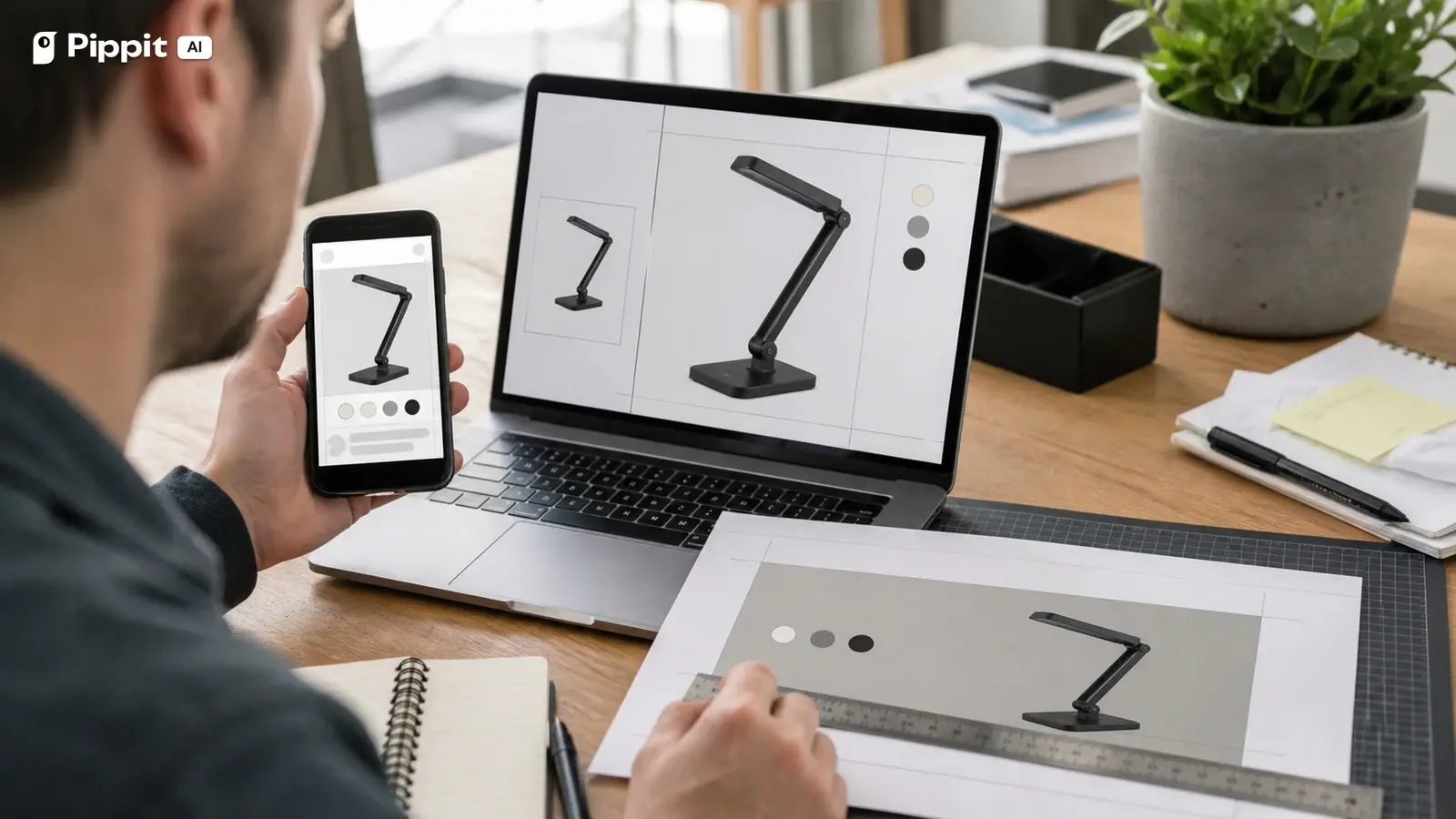 A marketer checks the same desk lamp at marketplace, phone feed, and email banner display sizes.