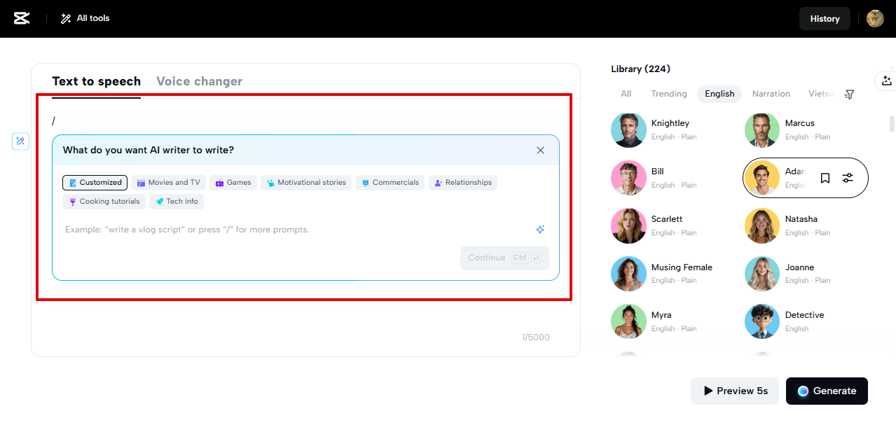 CapCut Web AI script writer