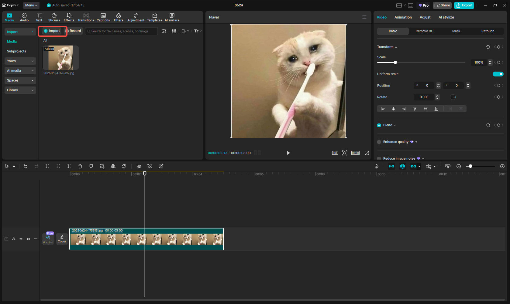 Importing the video in CapCut